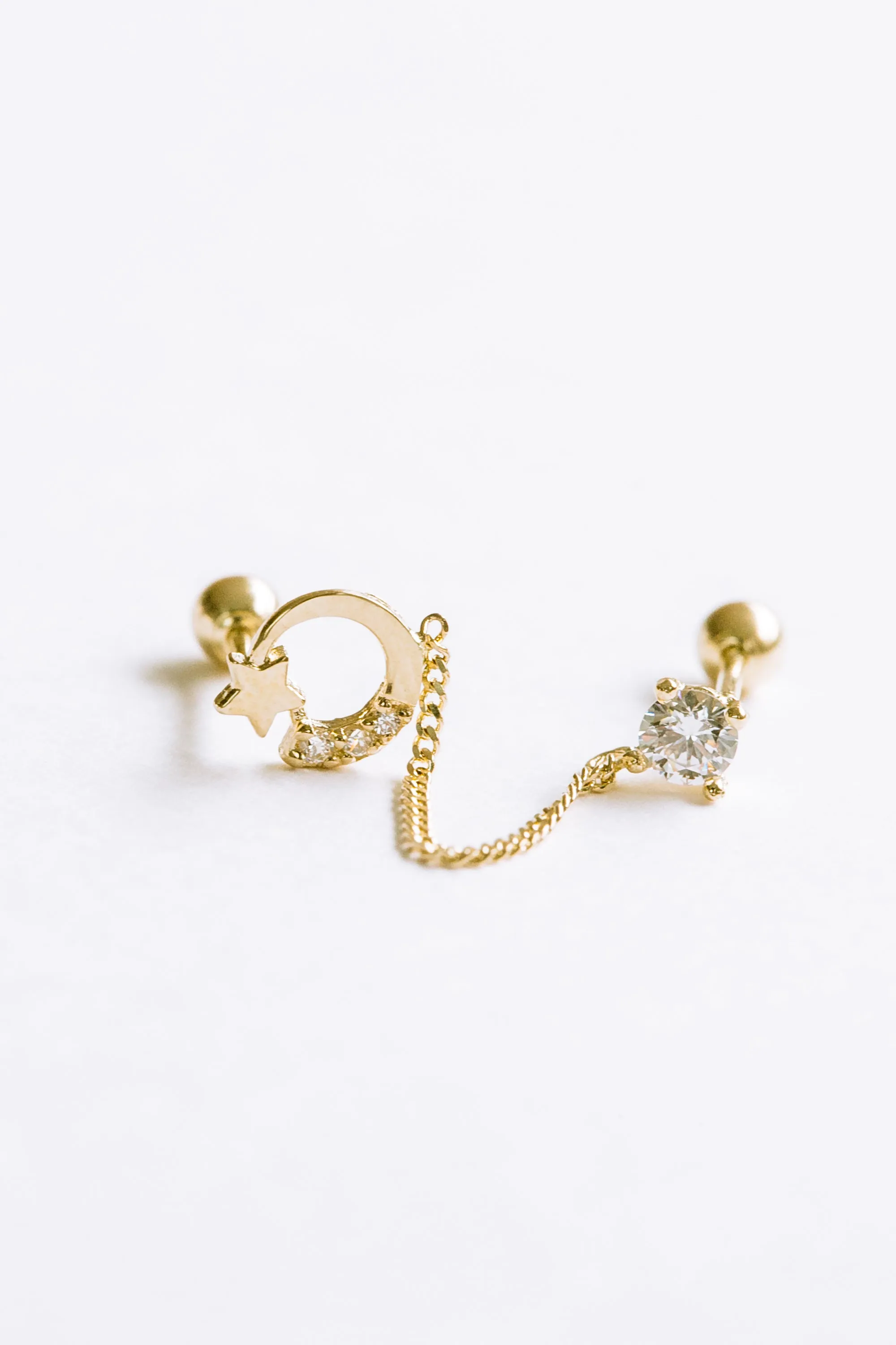 14k Gold Jewelry Cz Cute Moon mini star Double Barbells Ears Stud Piercing