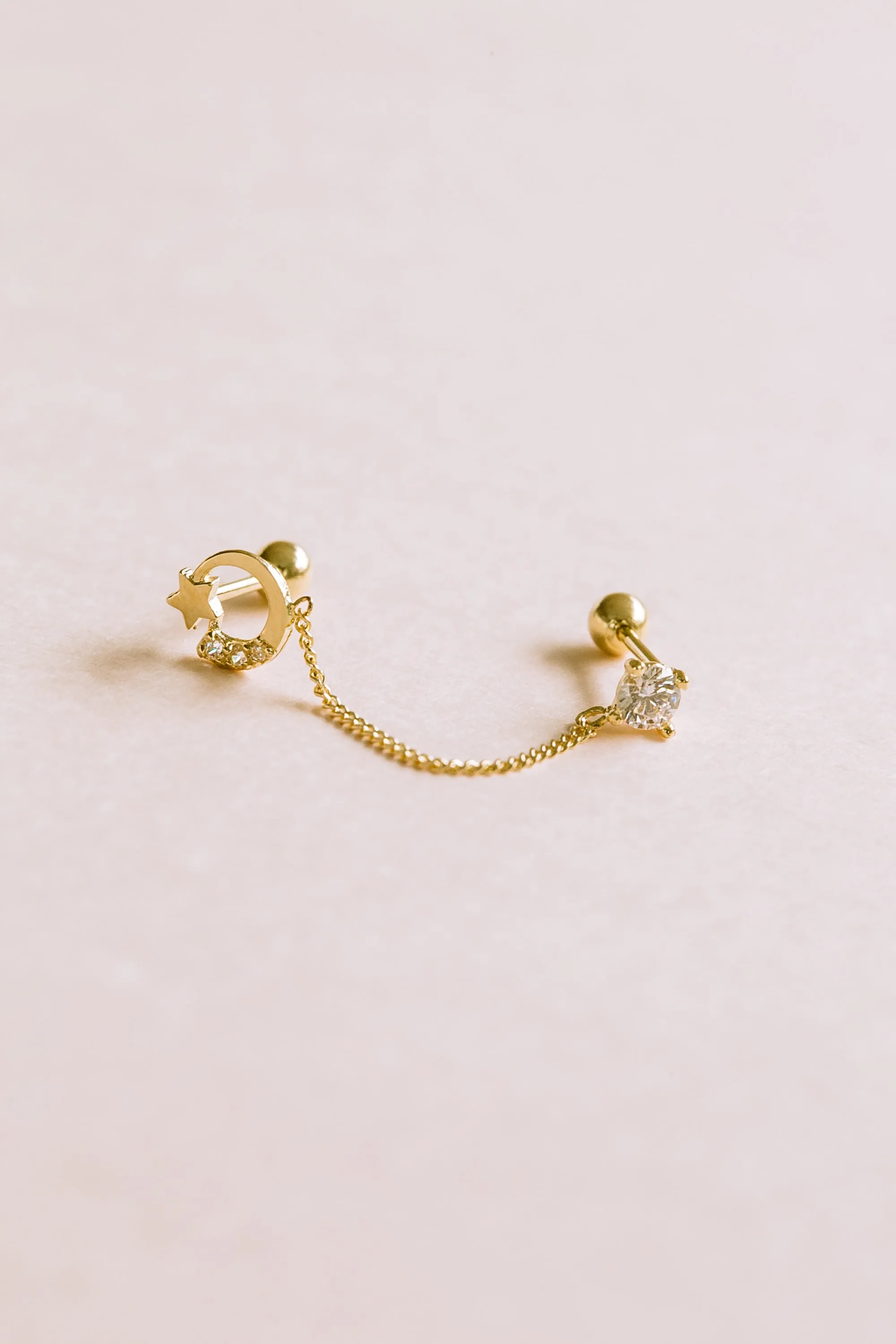 14k Gold Jewelry Cz Cute Moon mini star Double Barbells Ears Stud Piercing