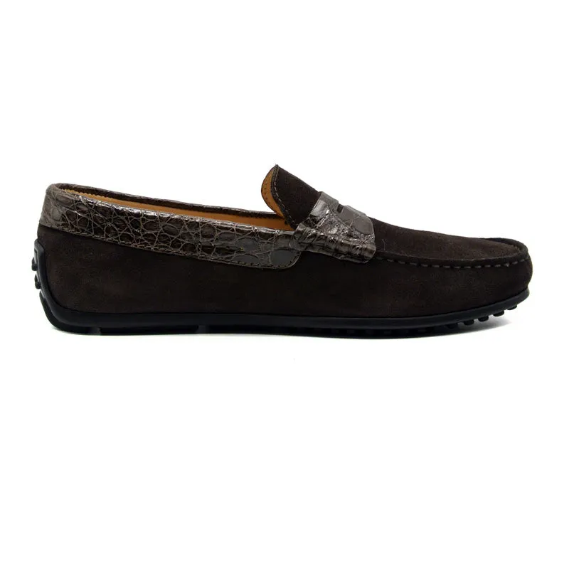 31-160-NIC MONZA Sueded Calfskin with Crocodile Driver, Nicotine