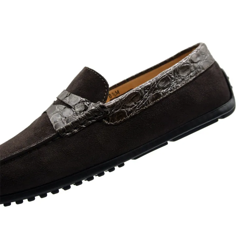 31-160-NIC MONZA Sueded Calfskin with Crocodile Driver, Nicotine