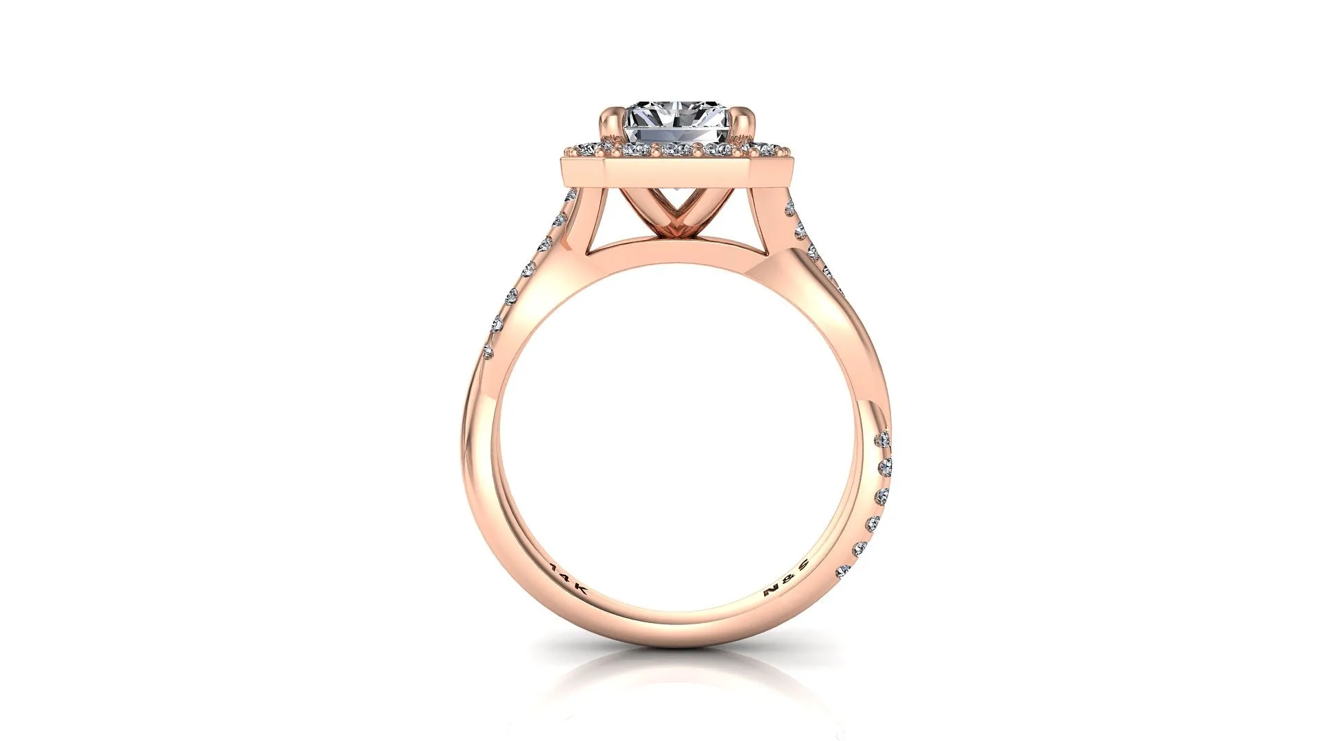 8x6mm (1.80ct) Kylie ForeverOne Radiant Moissanite Diamond Halo Half Twist 14K Gold Engagement Ring MOENG046