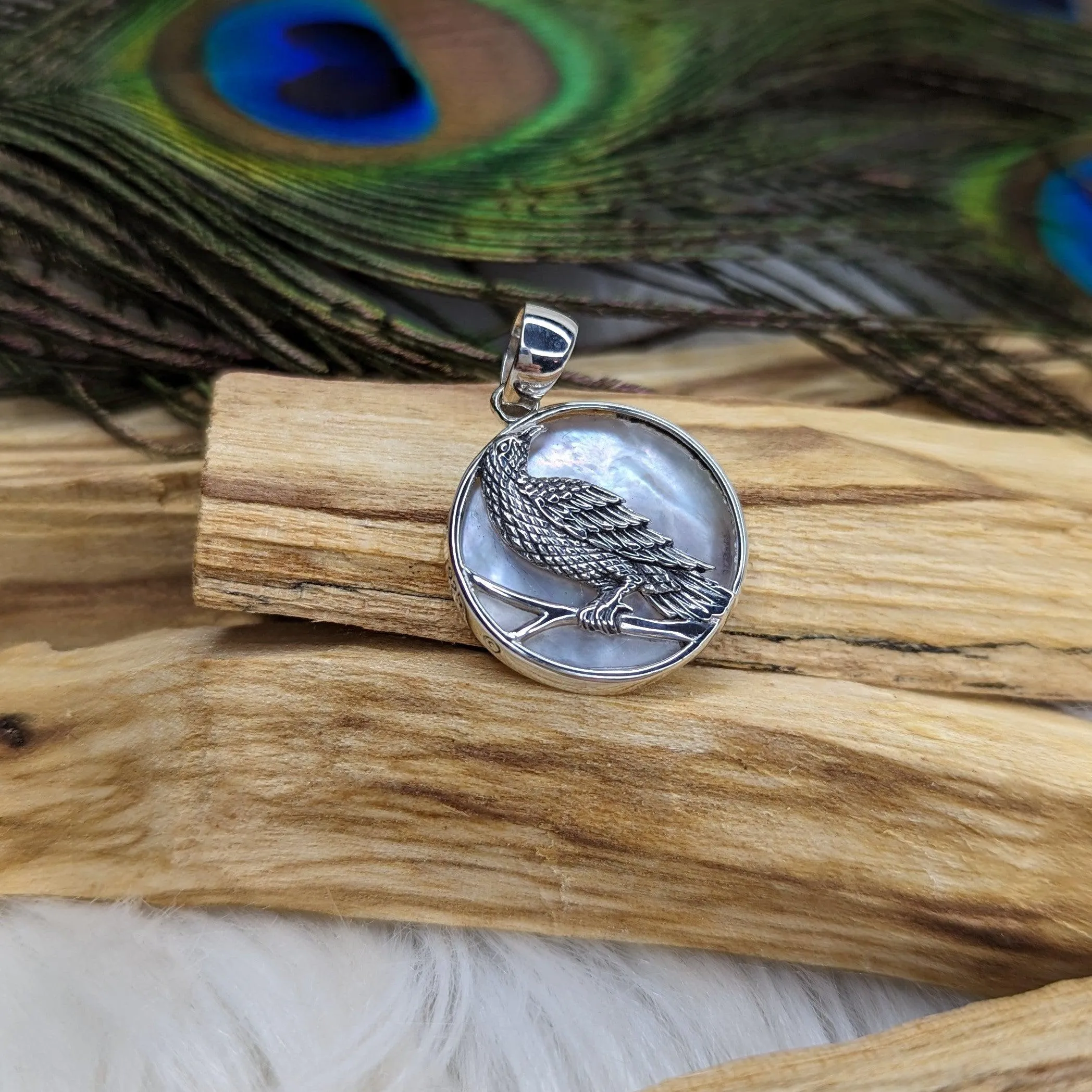 Abalone Shell Raven Pendant ~ Sterling Silver ~ Silver Chain Included