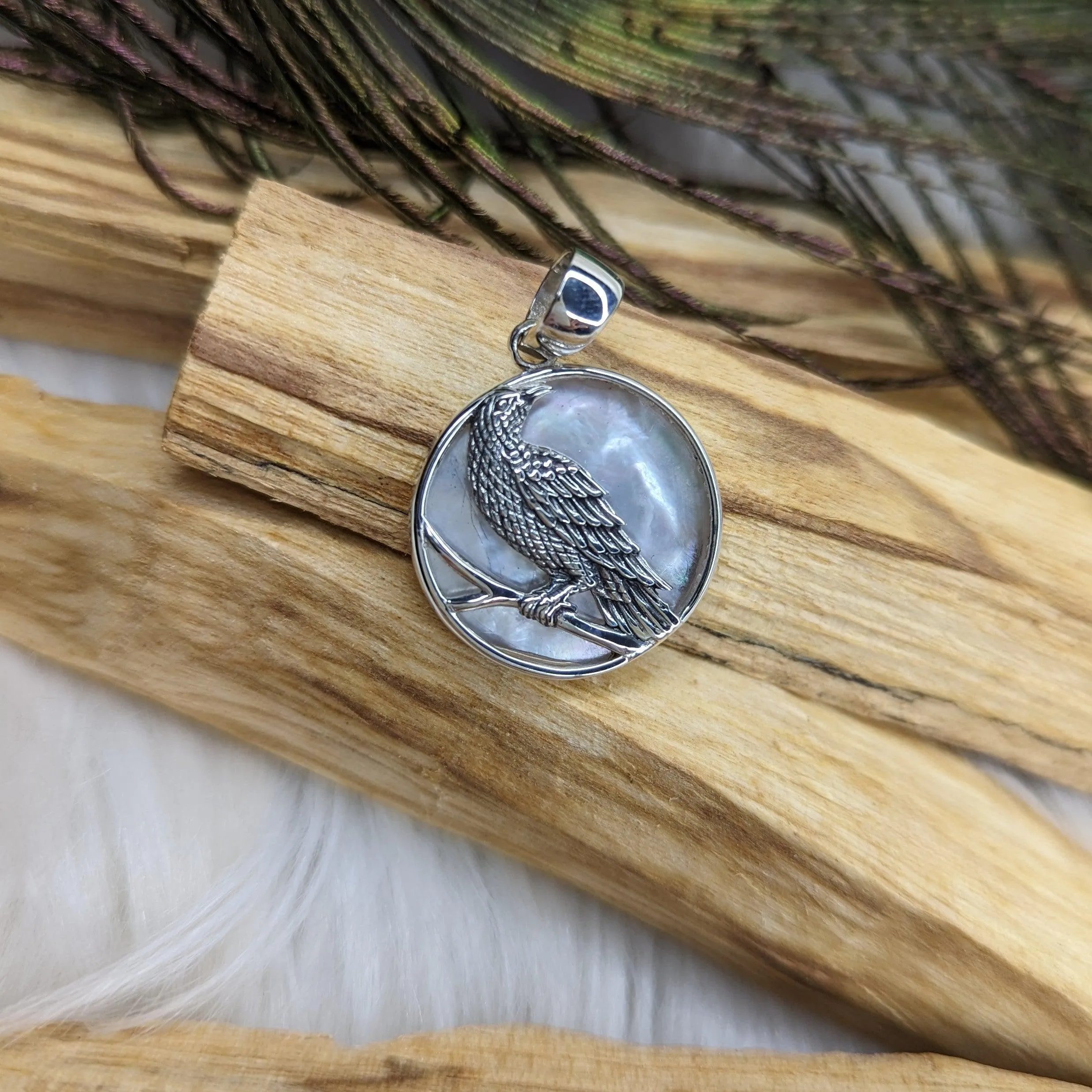 Abalone Shell Raven Pendant ~ Sterling Silver ~ Silver Chain Included