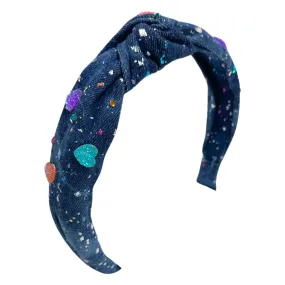 Bari Lynn Hearts on Splatter Paint Dark Denim Knot Headband