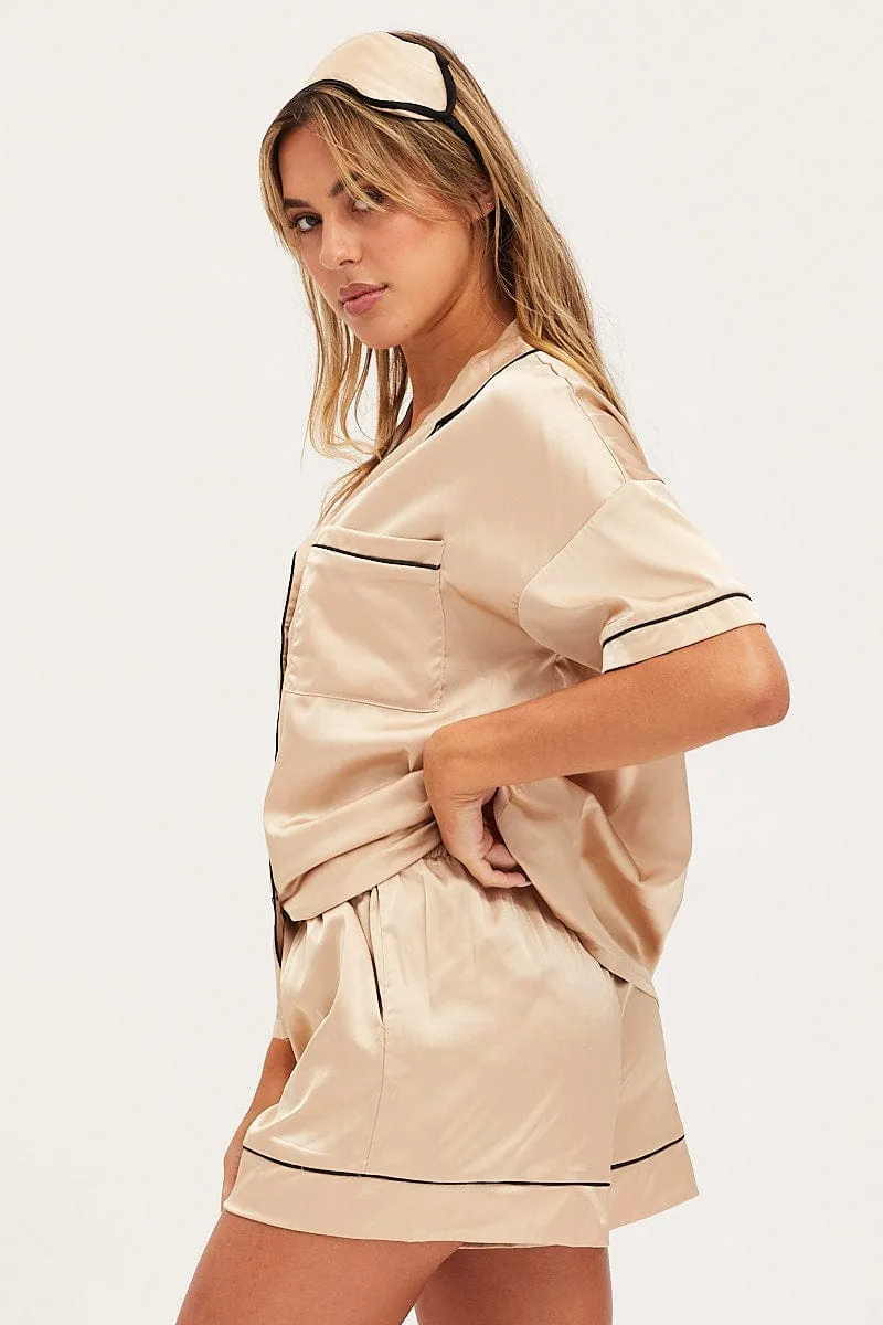 Beige Satin Pajamas Set Short Sleeve