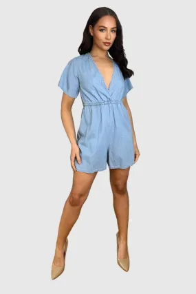 Bleached Denim V-Neck Elastic Waist Playsuit