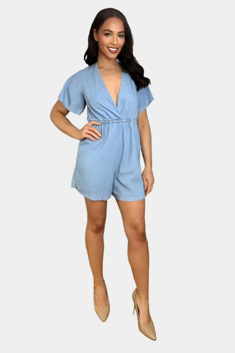 Bleached Denim V-Neck Elastic Waist Playsuit