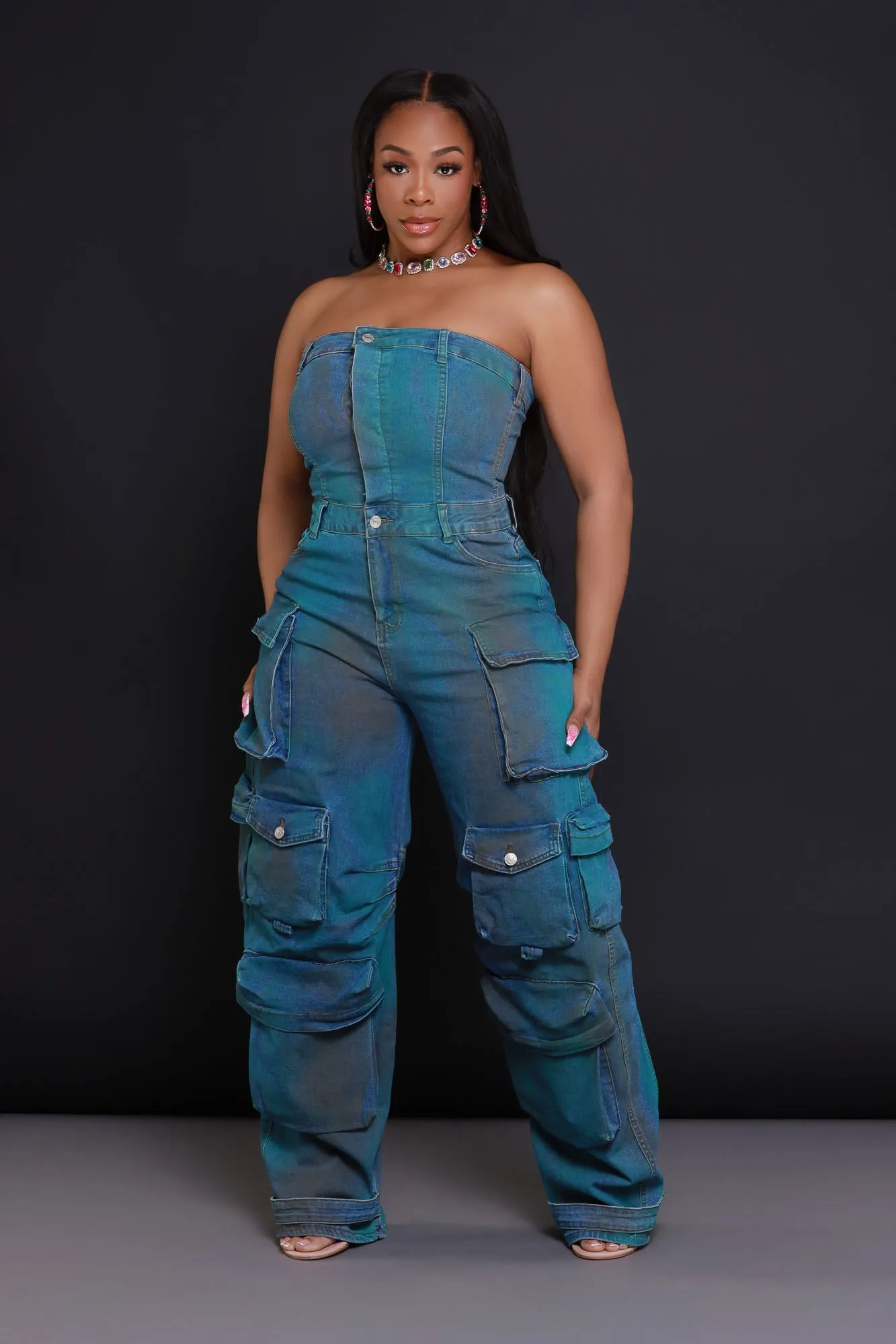 Can't Beat It Strapless Cargo Jumpsuit - Blue/Green