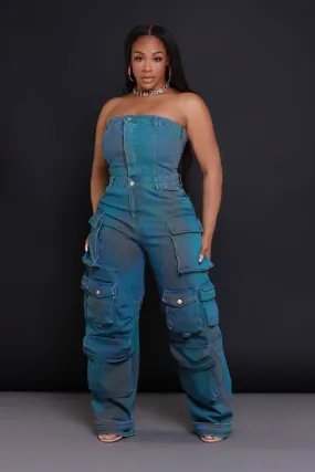 Can't Beat It Strapless Cargo Jumpsuit - Blue/Green