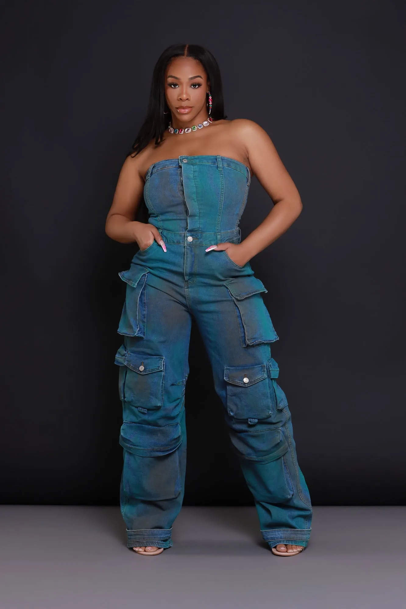 Can't Beat It Strapless Cargo Jumpsuit - Blue/Green