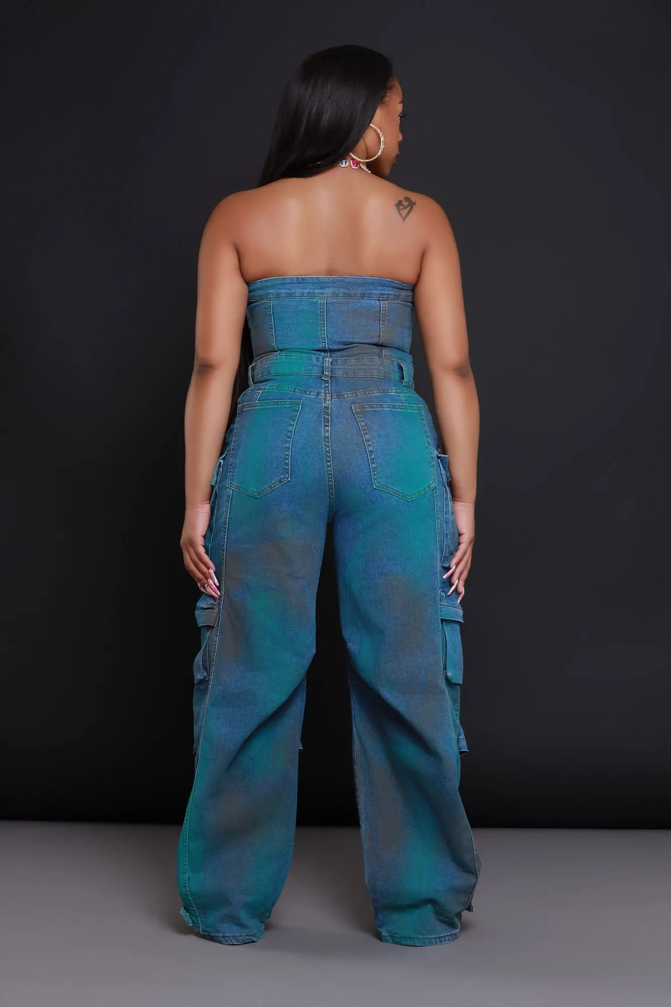 Can't Beat It Strapless Cargo Jumpsuit - Blue/Green