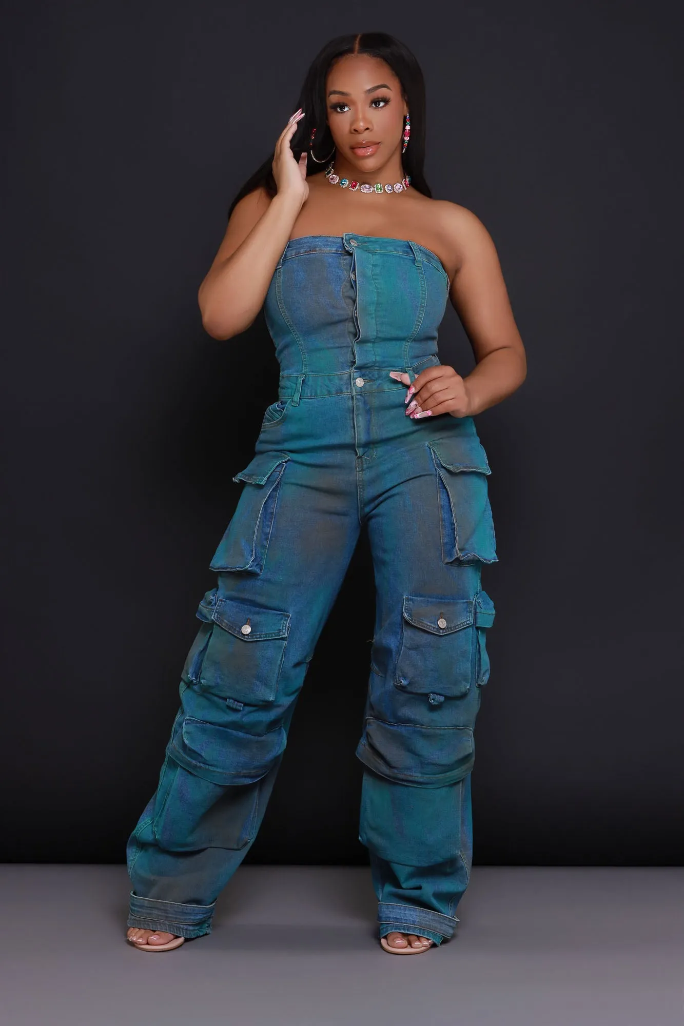 Can't Beat It Strapless Cargo Jumpsuit - Blue/Green