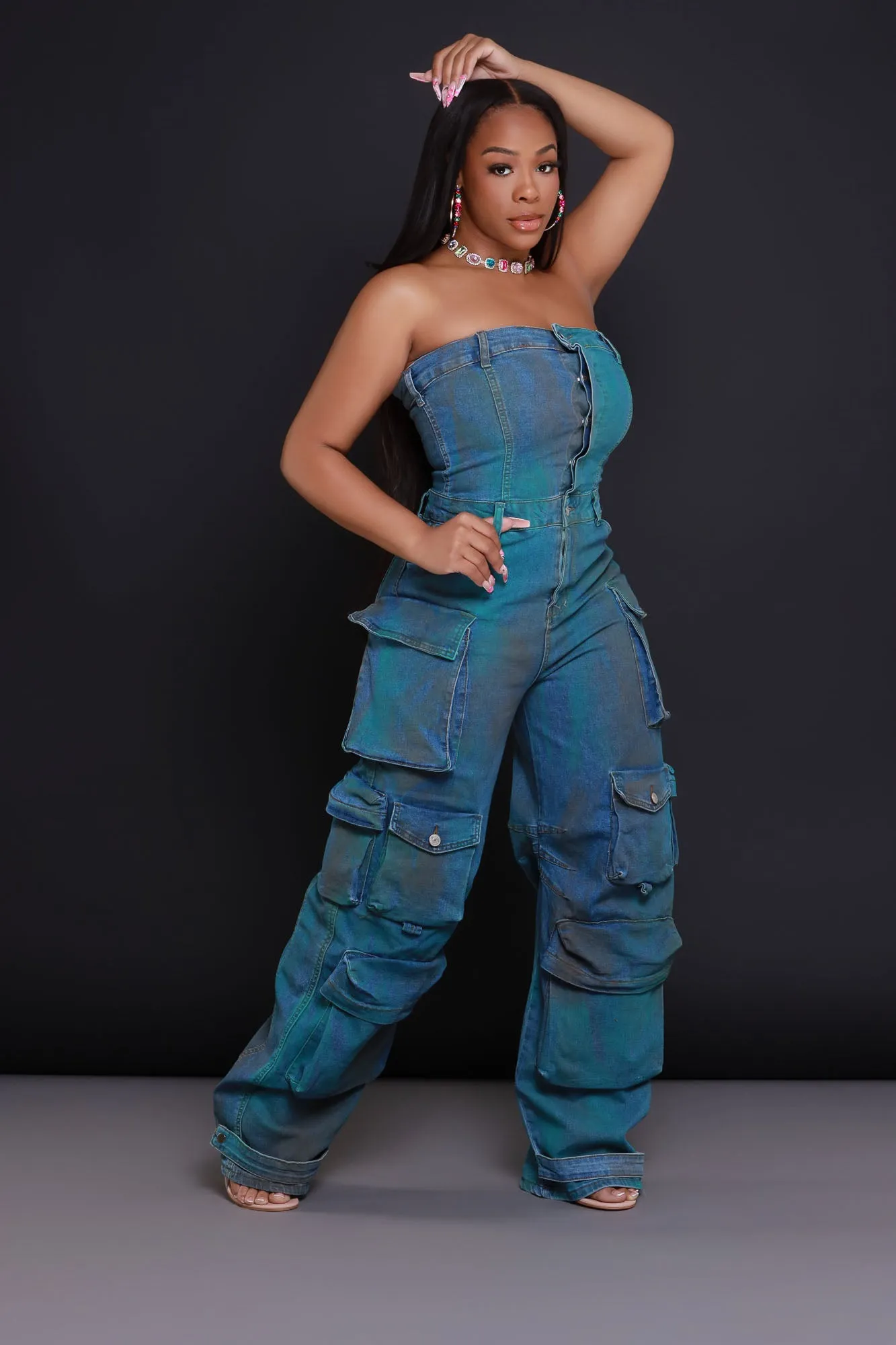 Can't Beat It Strapless Cargo Jumpsuit - Blue/Green