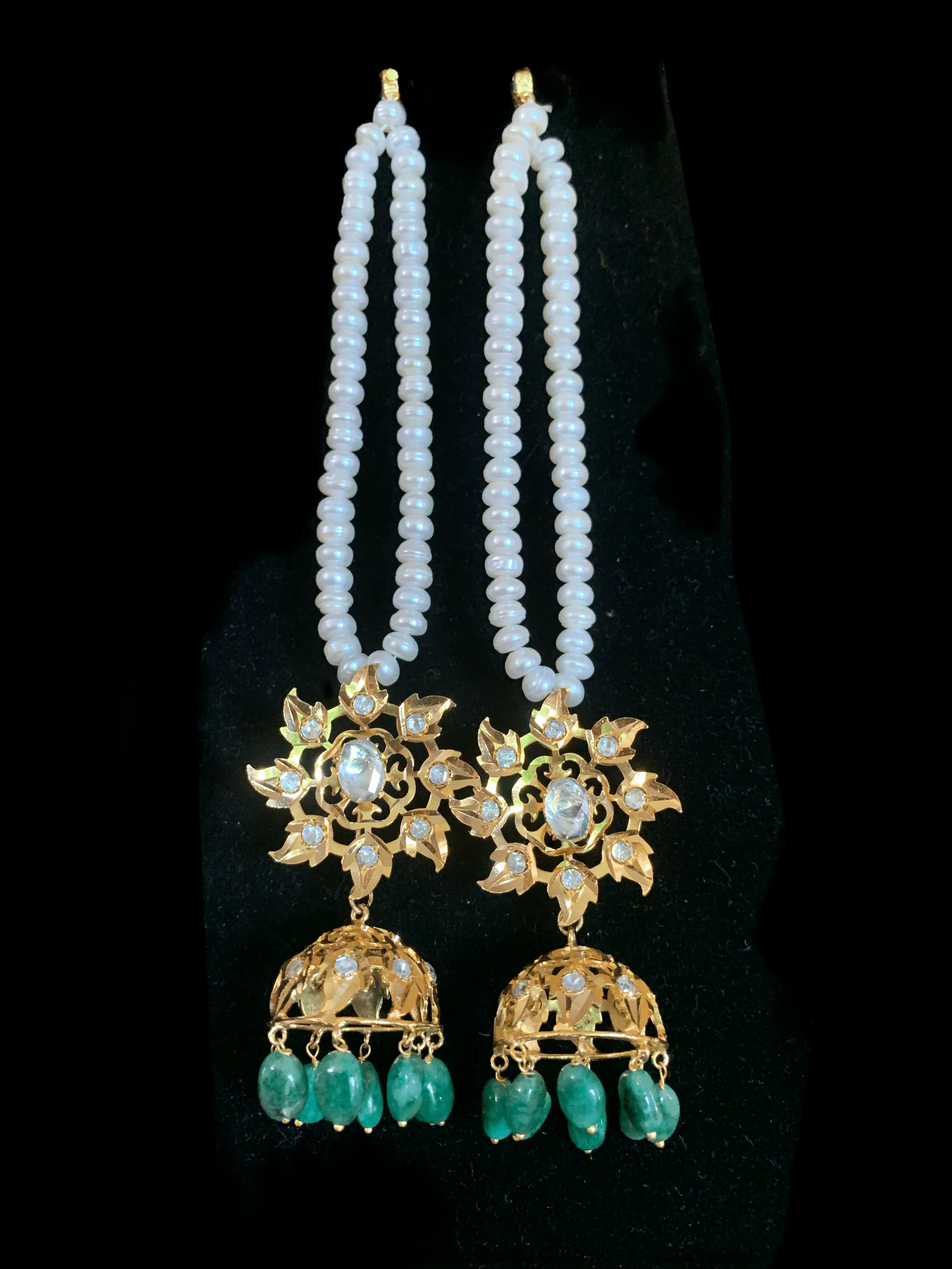 DER119 Karanphool jhumka in emerald beads  ( READY TO SHIP )