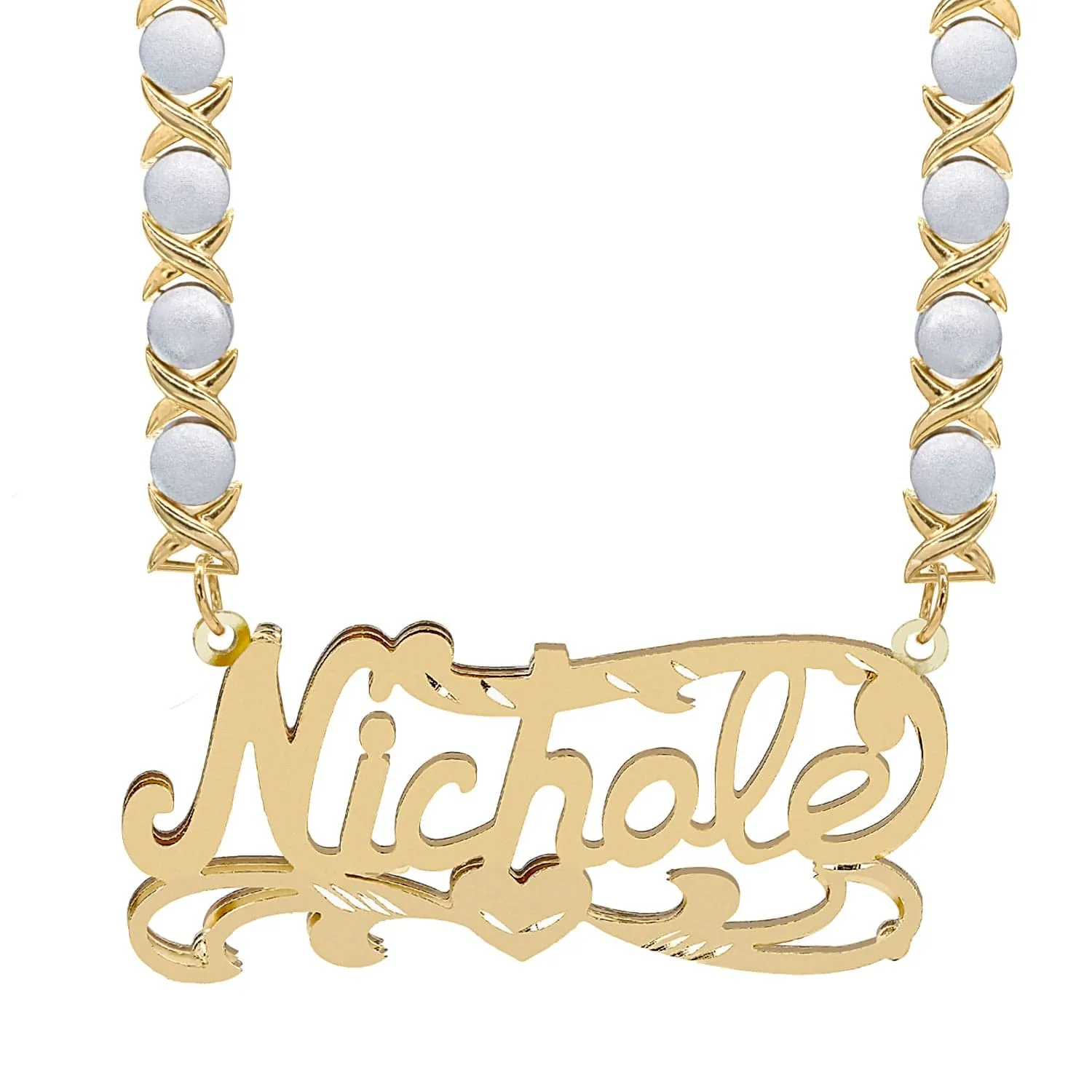 Double Plated Name Necklace w/ Diamond-cut and Rhodium Xoxo Chain