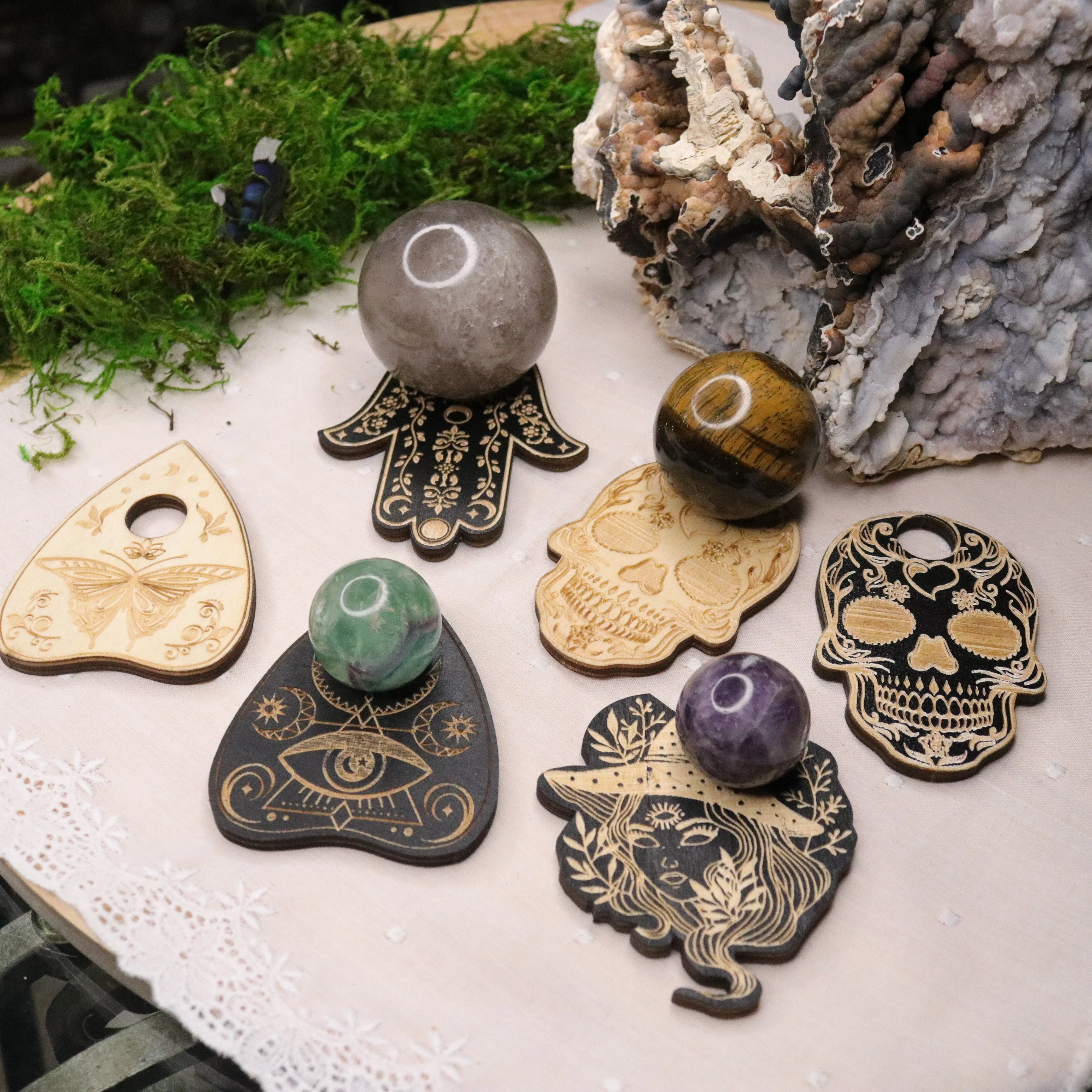 Engraved Wooden Sphere Stands ~ Spooky and Mystical ~