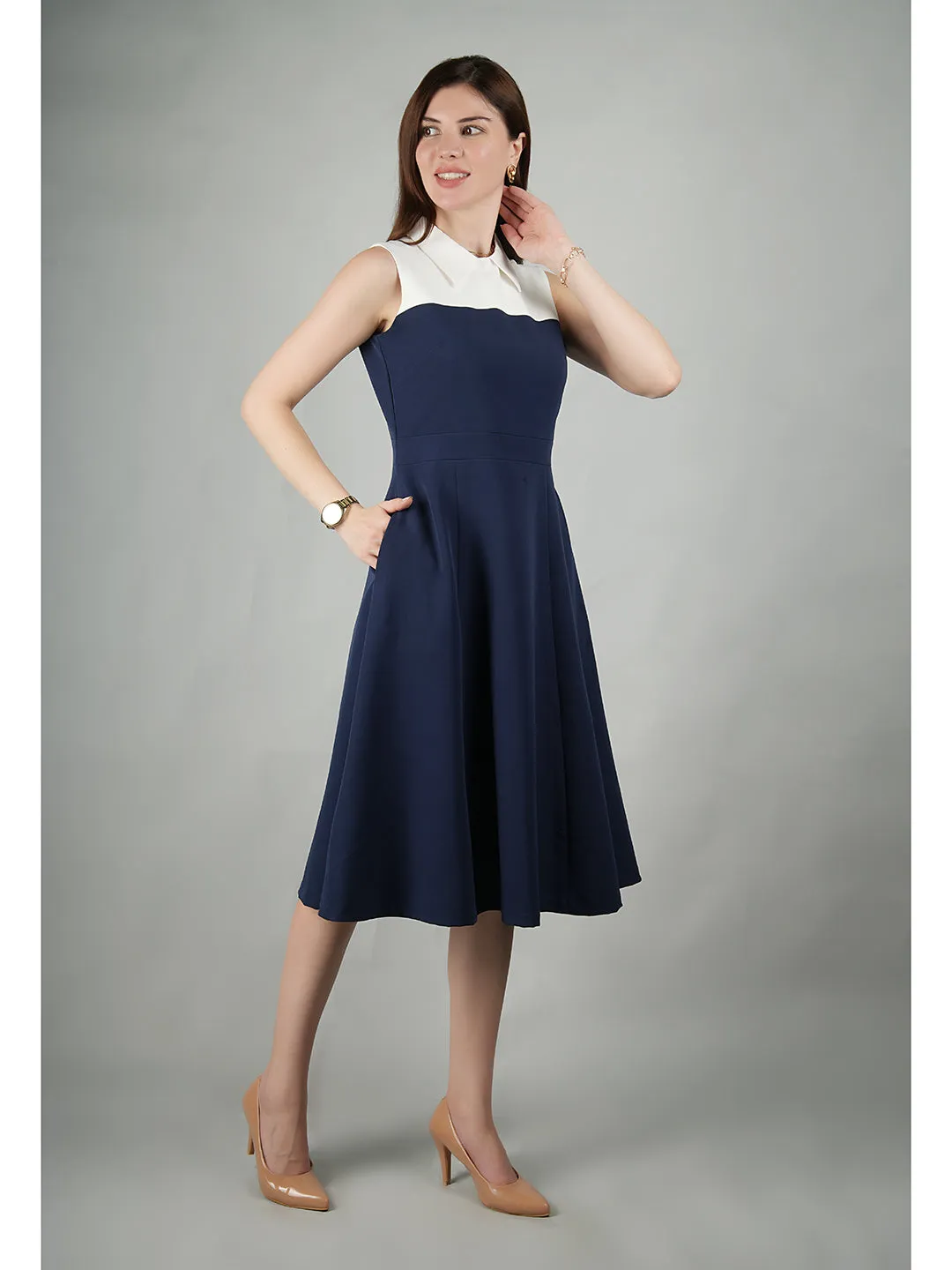 Exude Bronzed Color Block Dress With Collar (Navy)