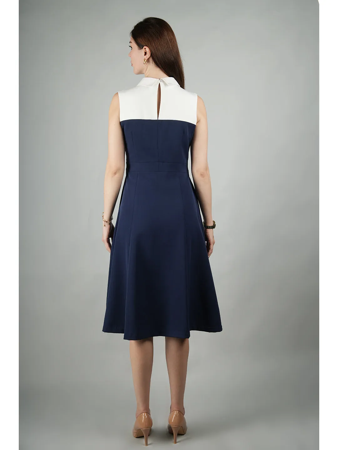 Exude Bronzed Color Block Dress With Collar (Navy)