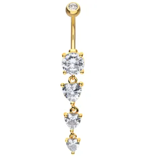 Gold PVD Lovestruck Triple Heart Clear CZ Dangle Stainless Steel Belly Button Ring