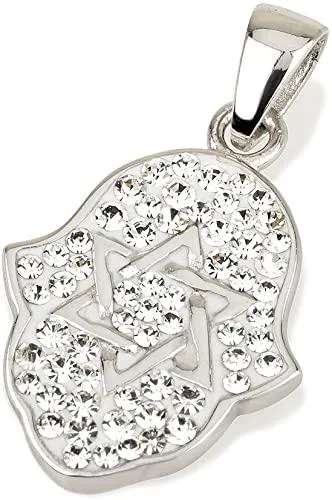 Hamsa Pendant in Sterling Silver With White Crystals Gemstones   Necklace