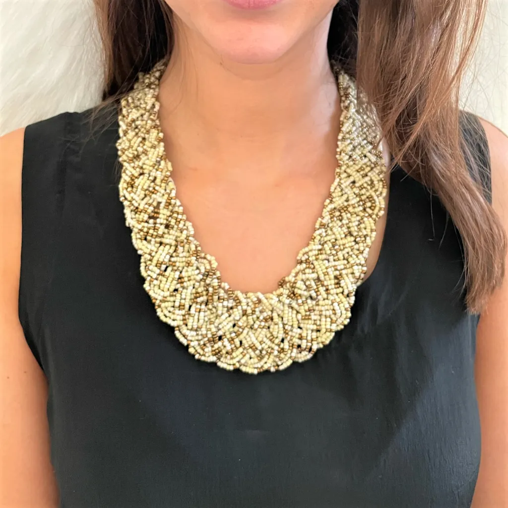 Ivory and Bronze Seed Beaded Collar Necklace and Earrings