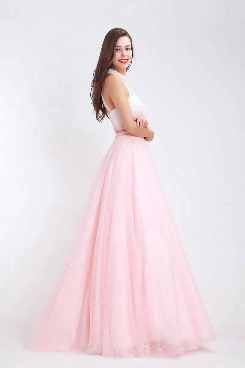 Kerry Pink High Neck Beading Two Piece Gown