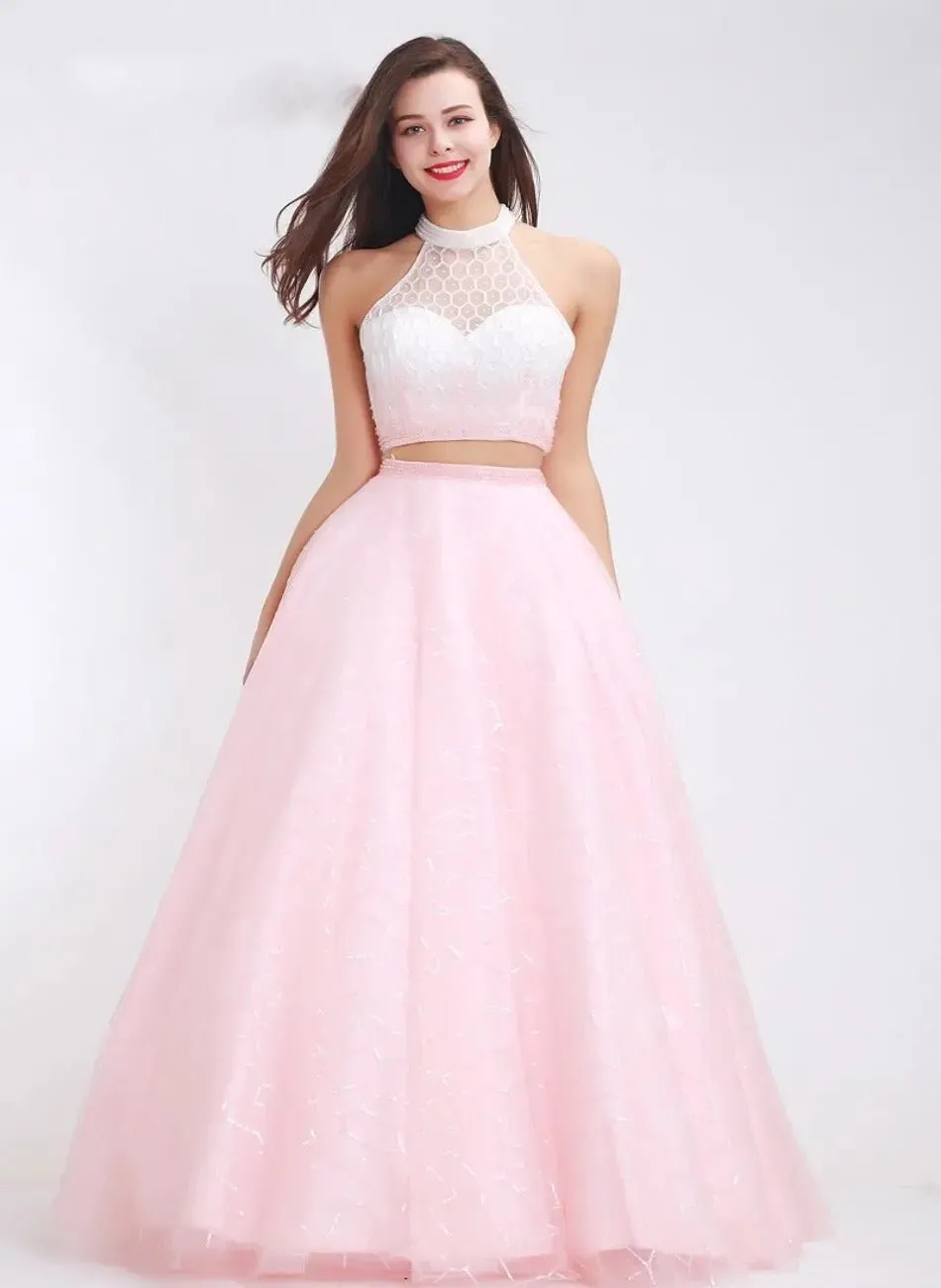 Kerry Pink High Neck Beading Two Piece Gown