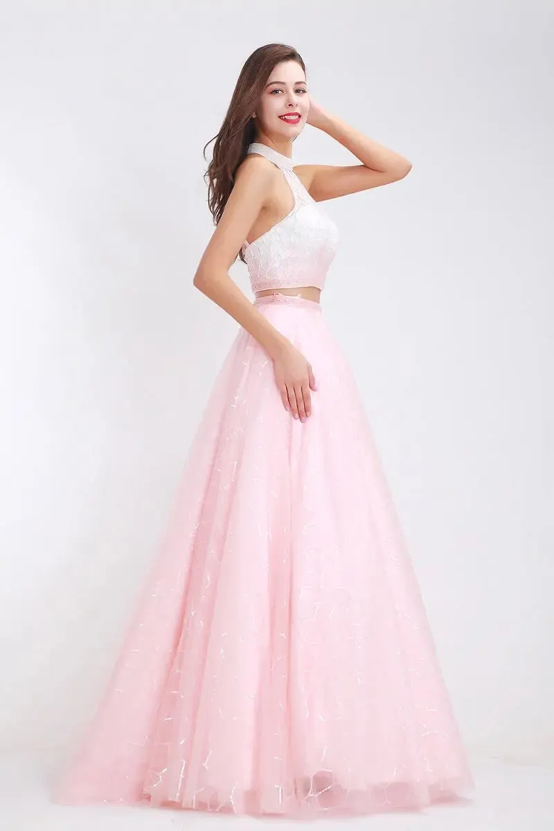 Kerry Pink High Neck Beading Two Piece Gown