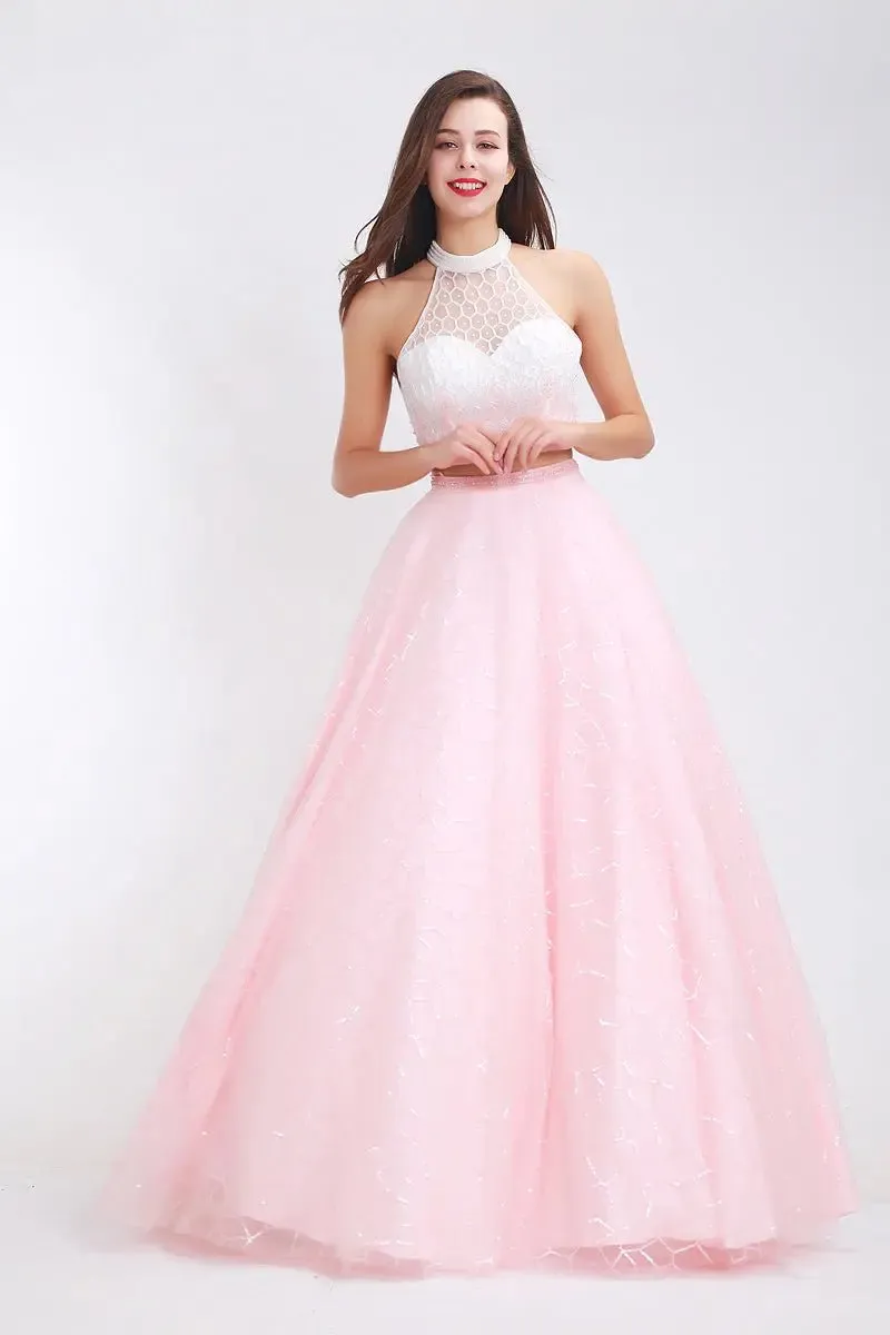 Kerry Pink High Neck Beading Two Piece Gown