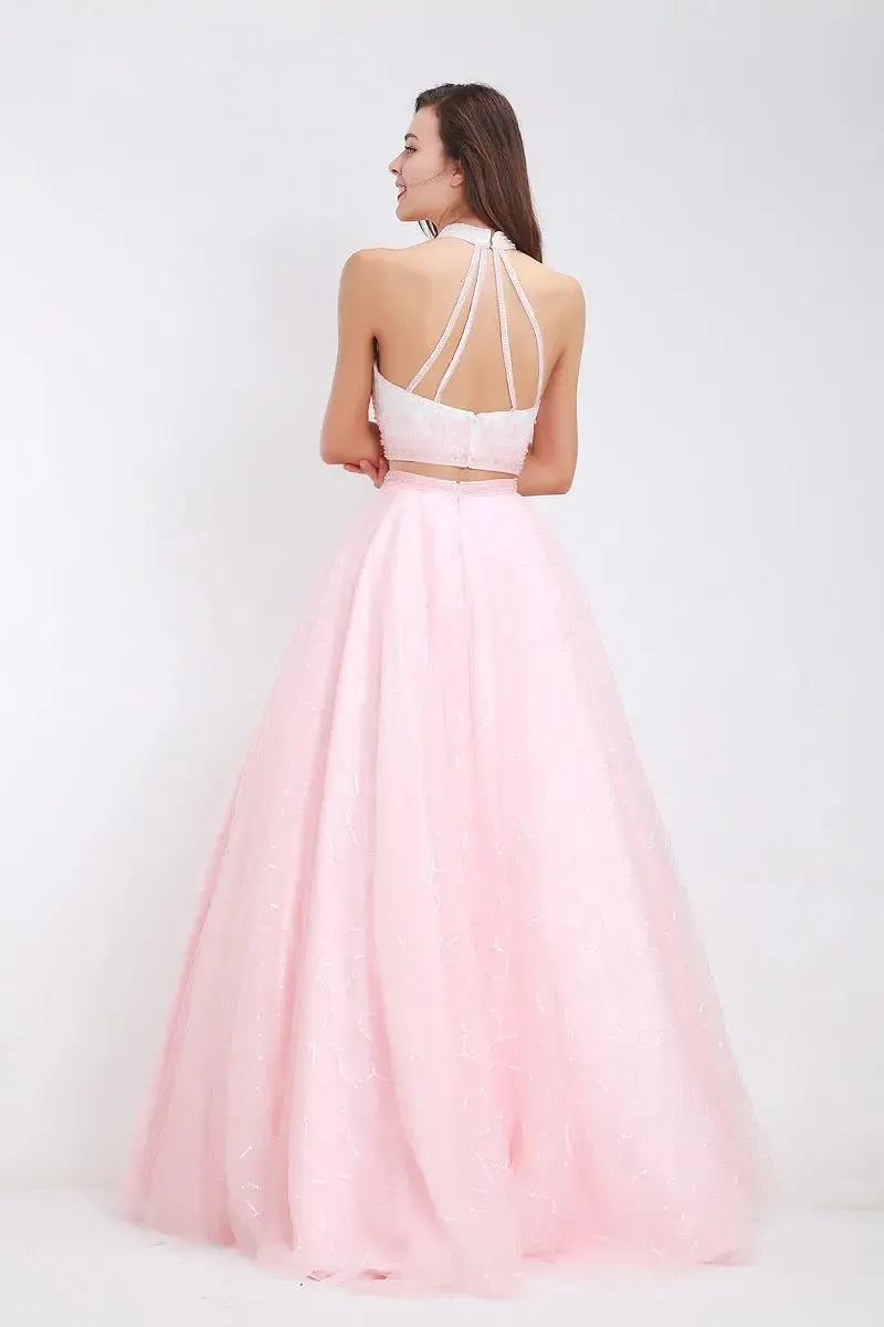 Kerry Pink High Neck Beading Two Piece Gown