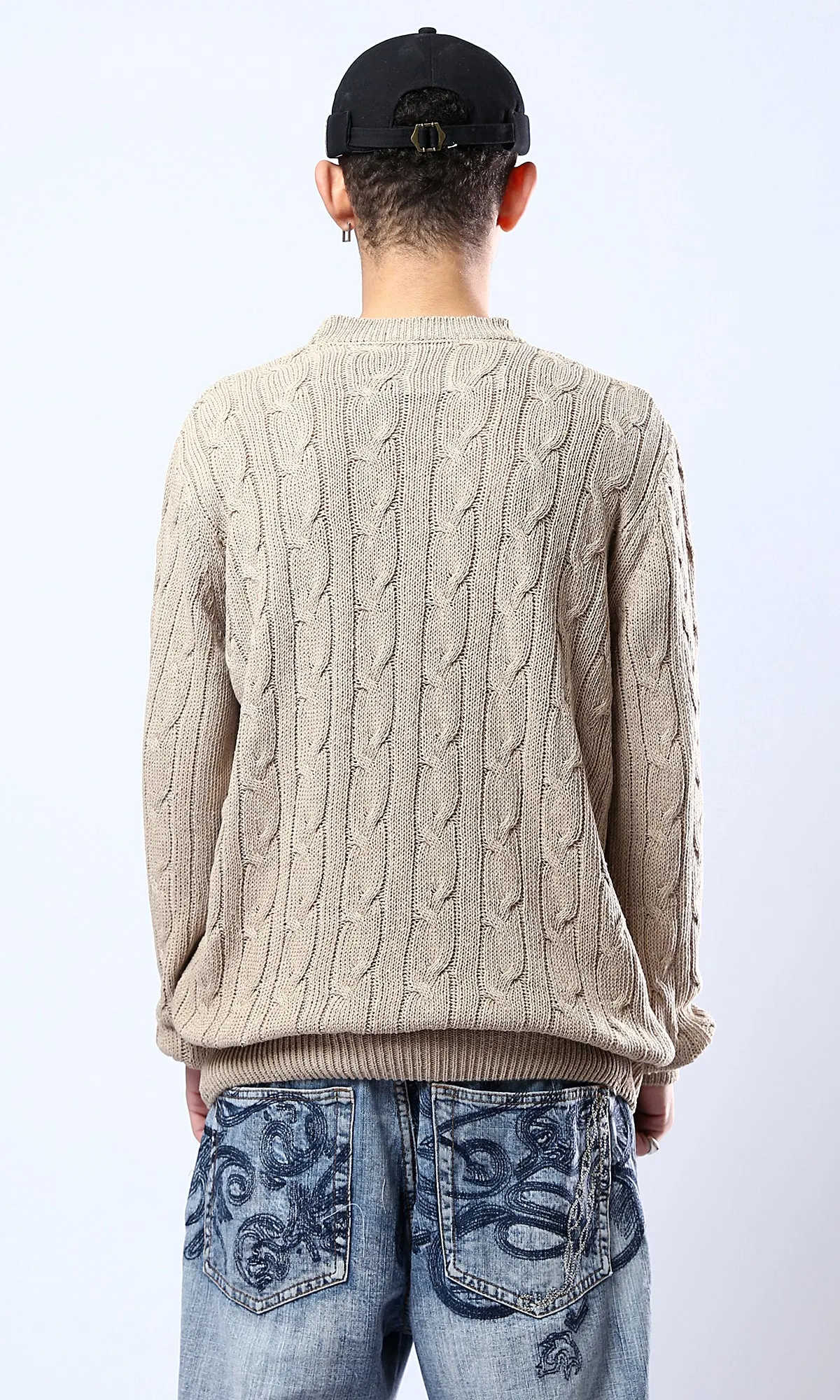 O175711 Round Neck Braided Knit Dark Beige Pullover