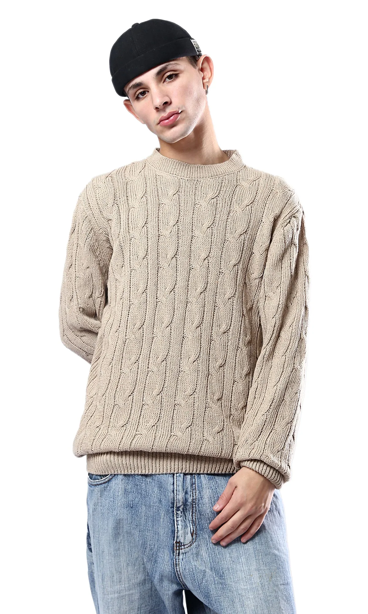 O175711 Round Neck Braided Knit Dark Beige Pullover