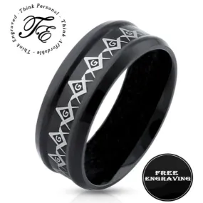 Personalized Black Grooved Masonic Compass Ring Engraved Free Mason