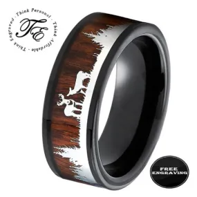 Personalized Men's Deer Hunting Wedding Ring - Wood Inlay