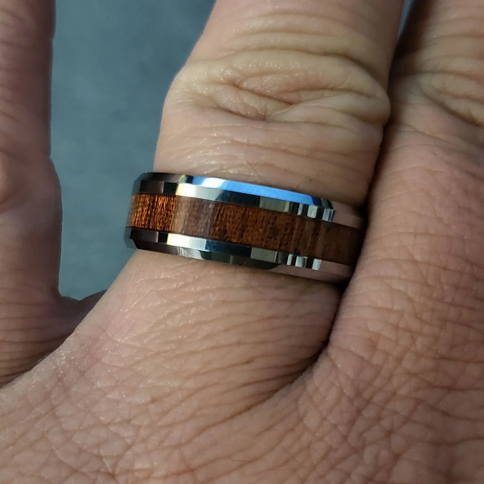 Personalized Men's Tungsten Promise Ring - Silver With Wood Inlay