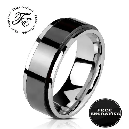 Personalized Men's Wedding Band - Black and Silver Fidget Spinner Ring