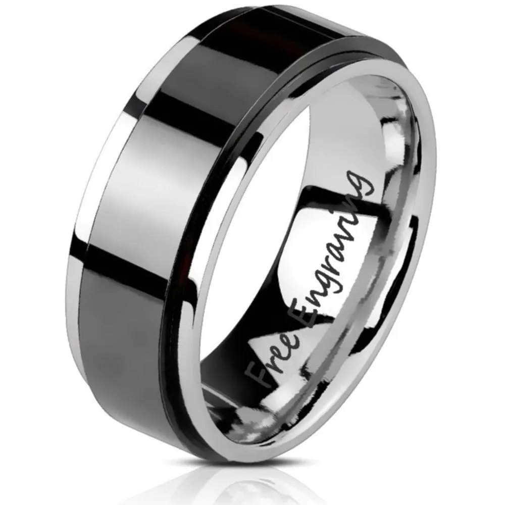 Personalized Men's Wedding Band - Black and Silver Fidget Spinner Ring