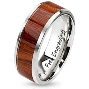 Personalized Men's Wedding band - Silver With Wood Inlay Stainless Steel