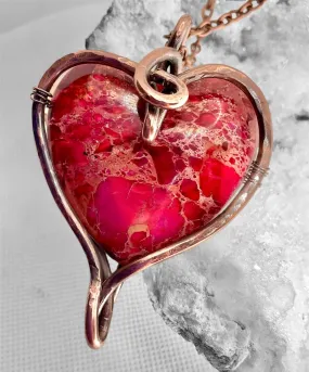 Pink Brecciated Jasper Heart Wire Wrapped Pendant