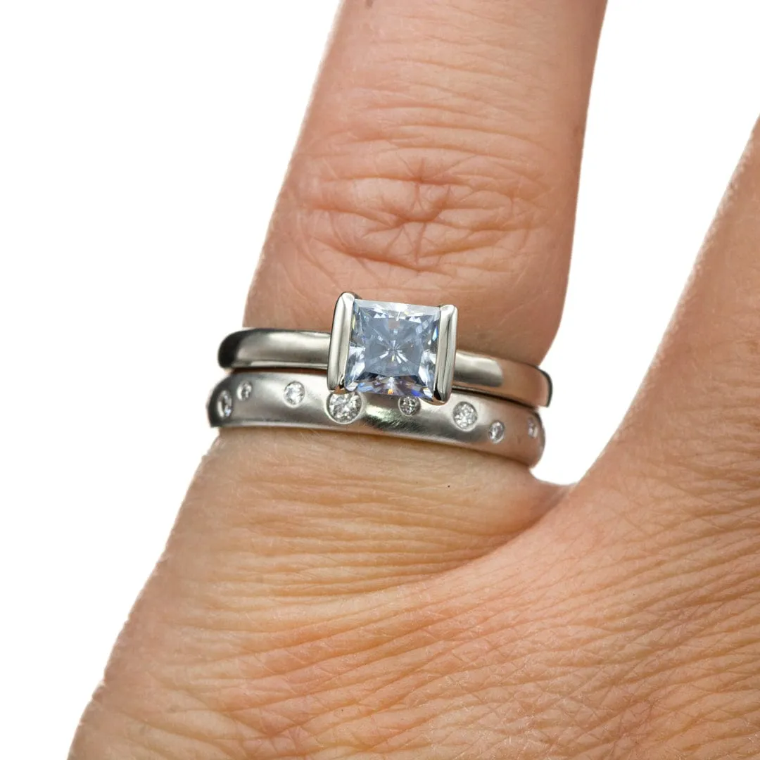 Princess Blue-gray Moissanite  14k White Gold Modified Tension Solitaire Engagement Ring, ready to ship