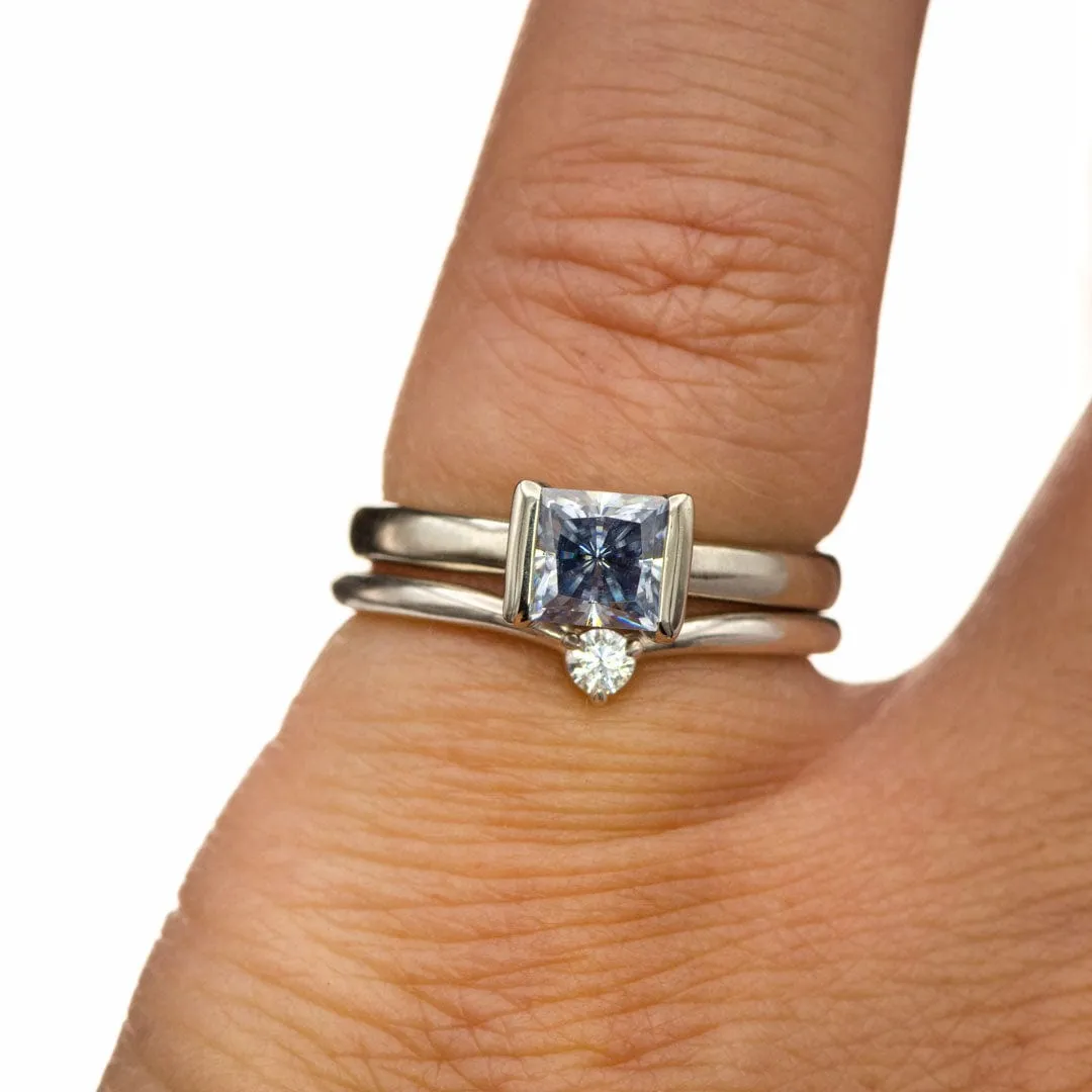 Princess Blue-gray Moissanite  14k White Gold Modified Tension Solitaire Engagement Ring, ready to ship