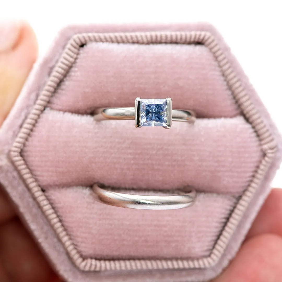 Princess Blue-gray Moissanite  14k White Gold Modified Tension Solitaire Engagement Ring, ready to ship