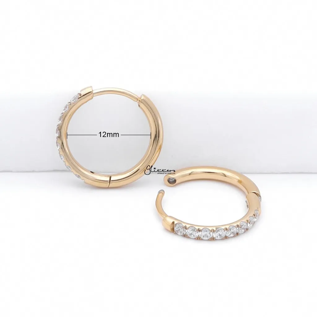 Stainless Steel Round CZ Huggie Hoop Earrings - Gold