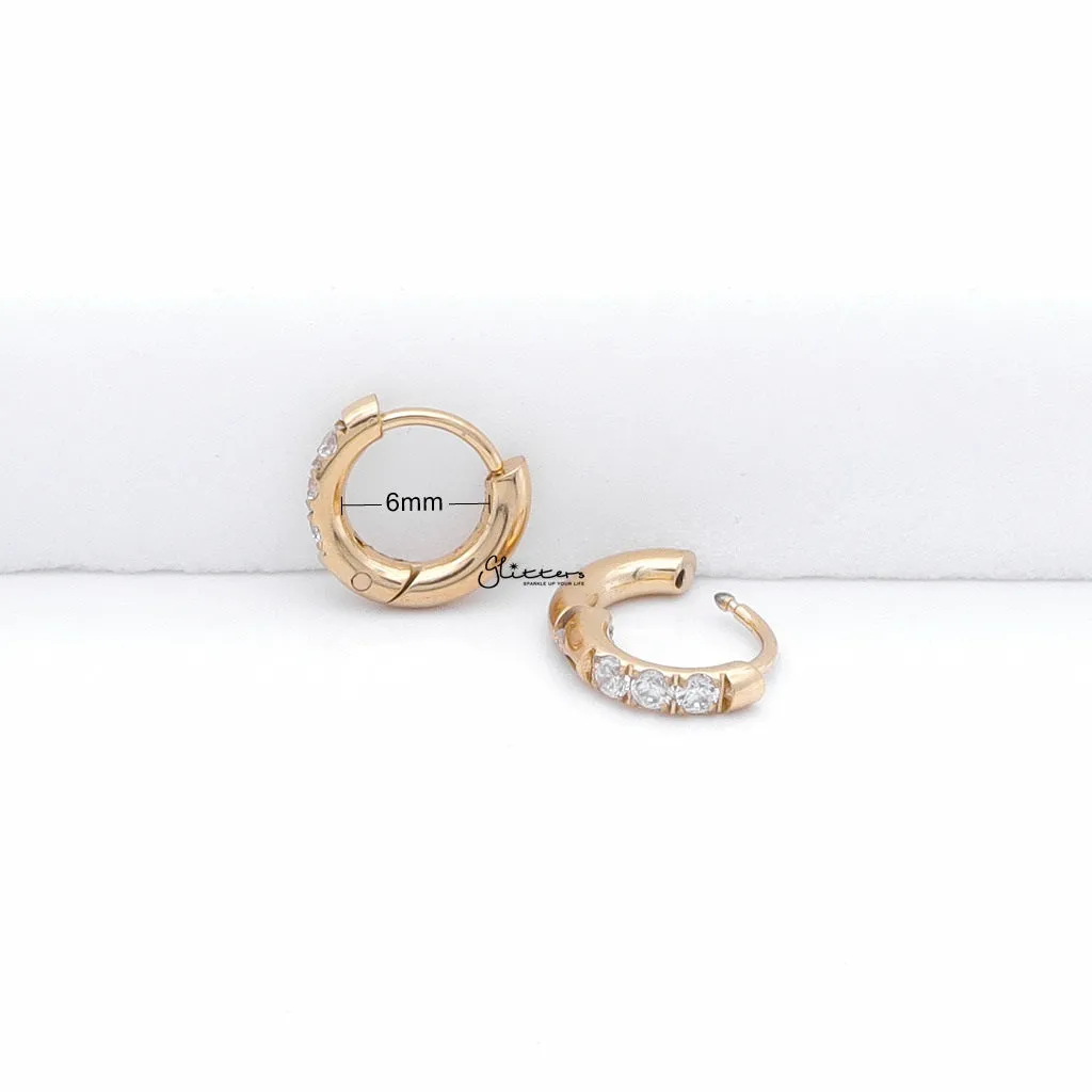 Stainless Steel Round CZ Huggie Hoop Earrings - Gold