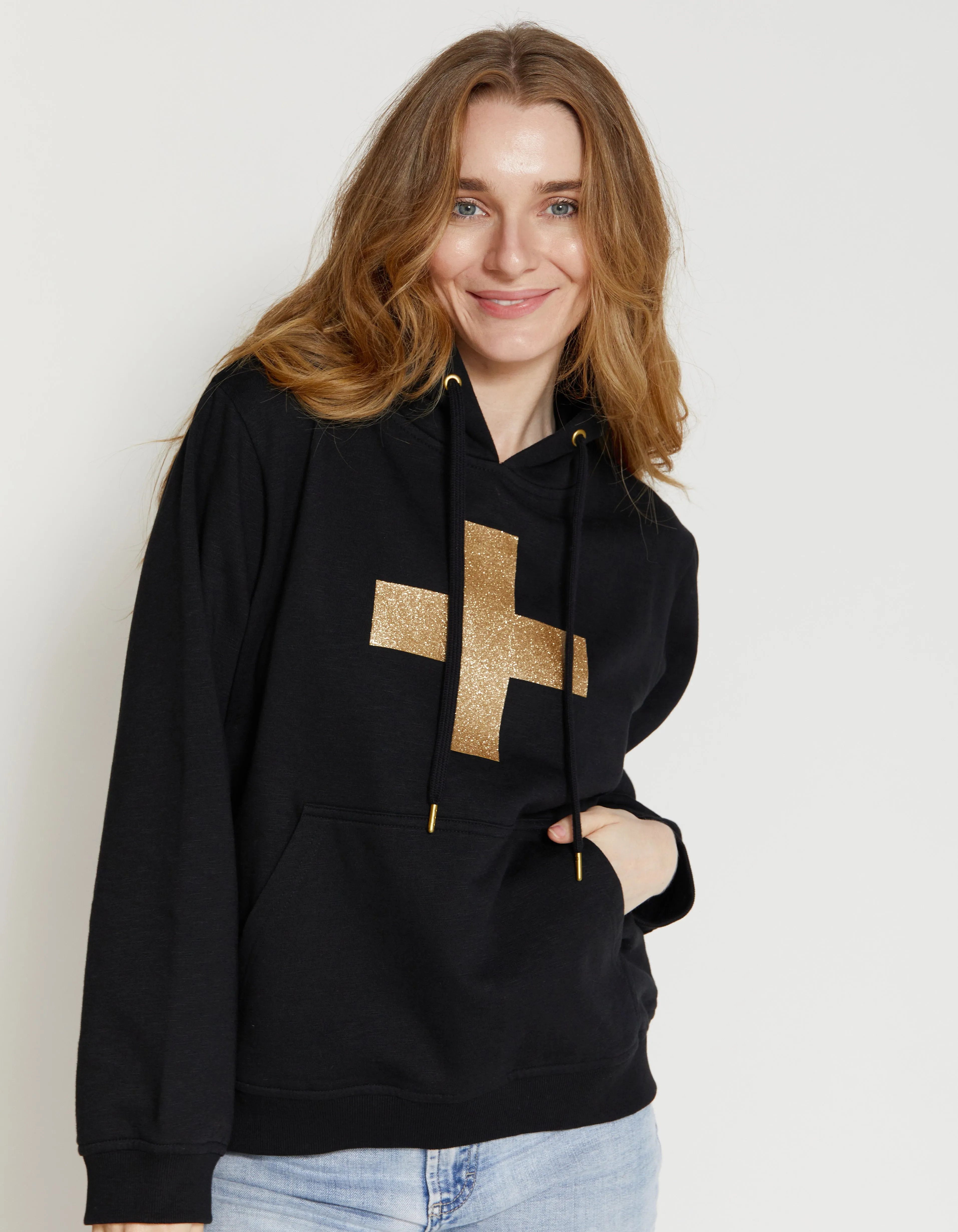 Stella   Gemma Hoodie - Black With Gold Glitter Cross